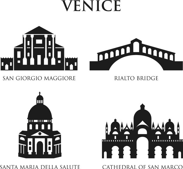 一套意大利标志地标在黑色和白色图片下载