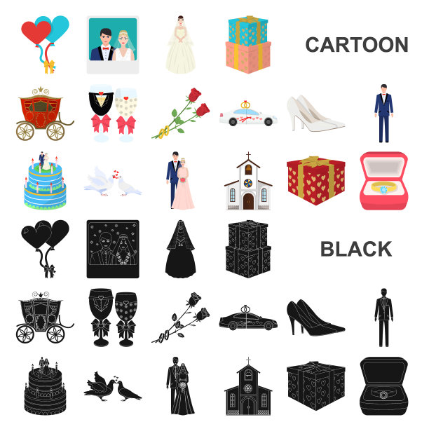婚礼和属性卡通图标设置图片下载