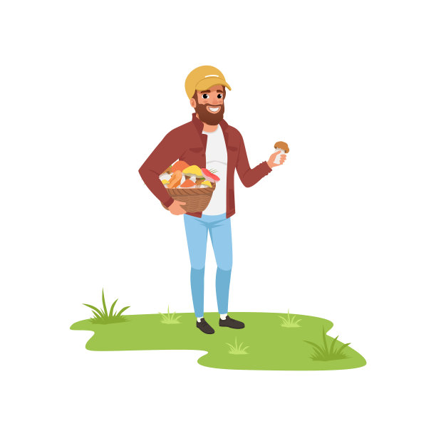 满脸胡须的男人拿着一桶蘑菇图片下载