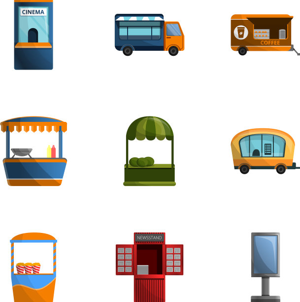 城市街道商店图标设置卡通风格图片下载