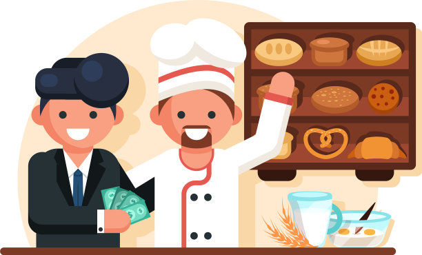 商人给钱男人厨师在面包店图片下载