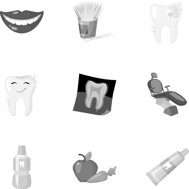 牙科保健设置图标在单色风格大图片下载