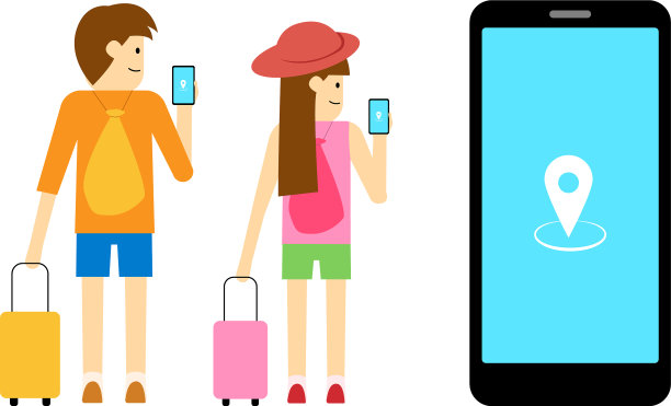 男孩和女孩旅行者使用手机应用程序艺术图片下载