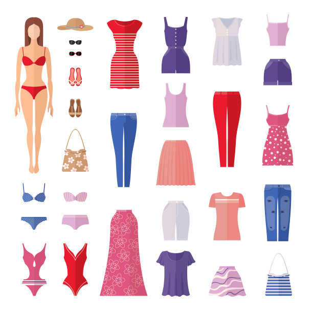 夏季一套女性服装图标在平的风格图片下载