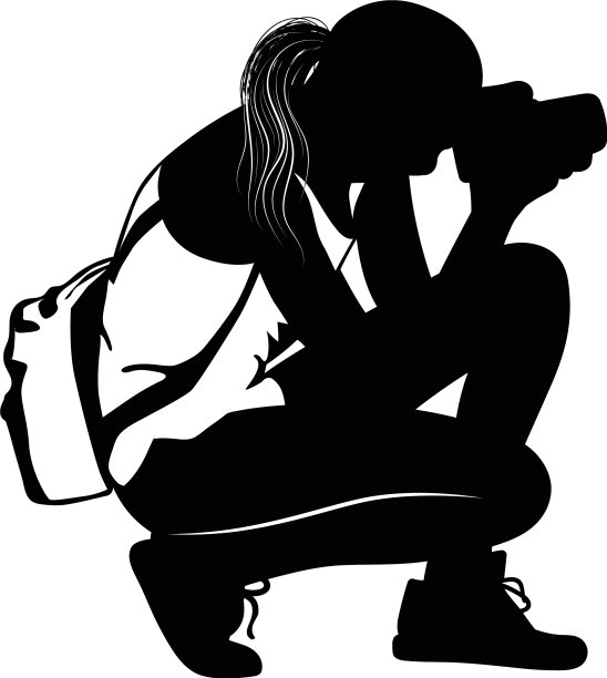一个女孩坐着拍照的黑色剪影图片下载