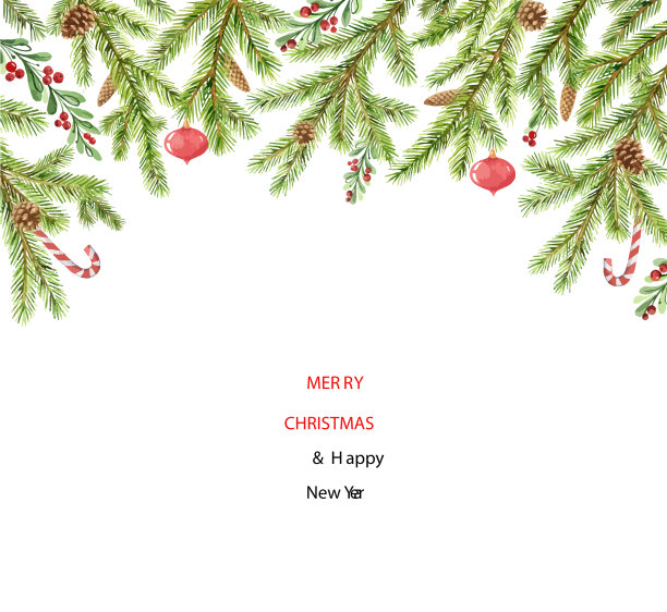 水彩圣诞旗帜与绿色松树图片下载