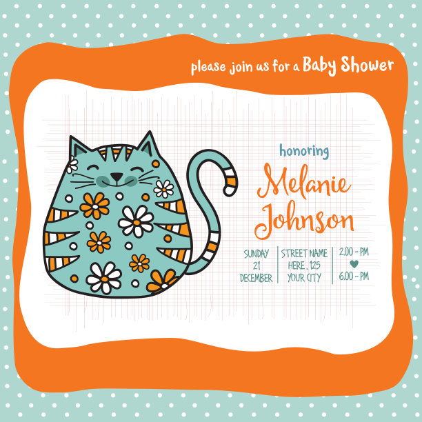 宝宝淋浴卡模板与胖胖的涂鸦猫图片下载