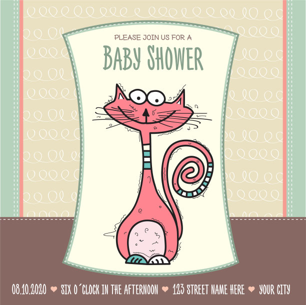 宝宝淋浴卡模板与有趣的涂鸦猫图片下载