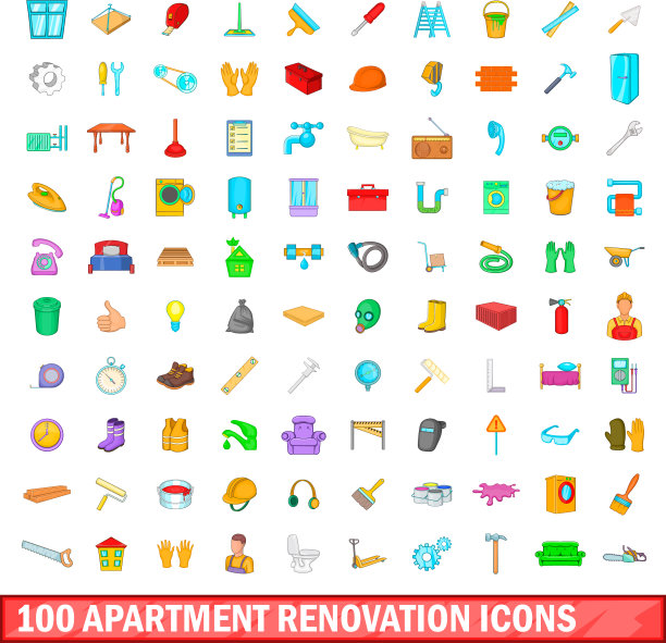 100套公寓装修图标设置卡通风格图片下载