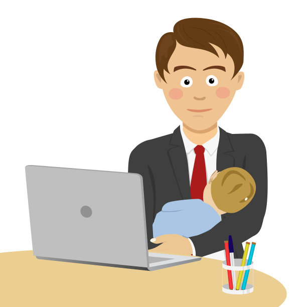 年轻的父亲用笔记本电脑照顾新生儿图片下载