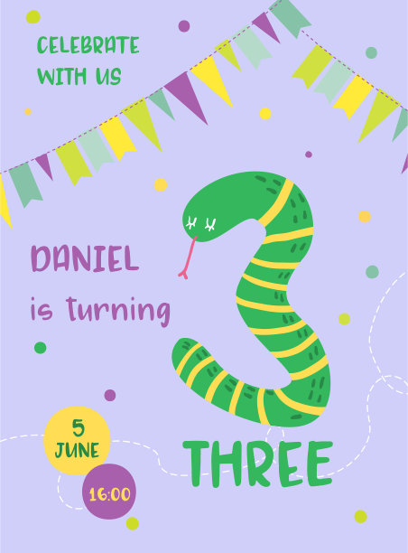 有蛇和三号的婴儿生日卡片图片下载