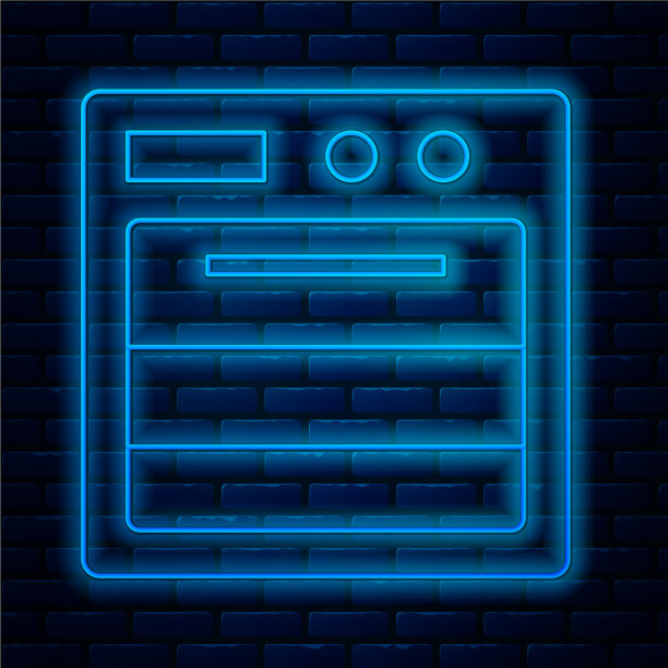 发光的霓虹灯线烤箱图标孤立在砖块上图片下载