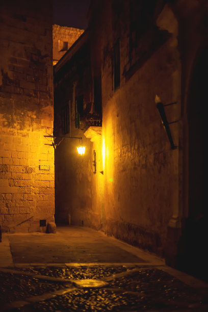 马耳他古都姆迪纳的狭窄街道。古镇灯光建筑及墙体装饰夜景。图片下载