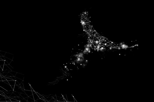 粒子，几何艺术，线和点的鸟飞行抽象插图。图片下载