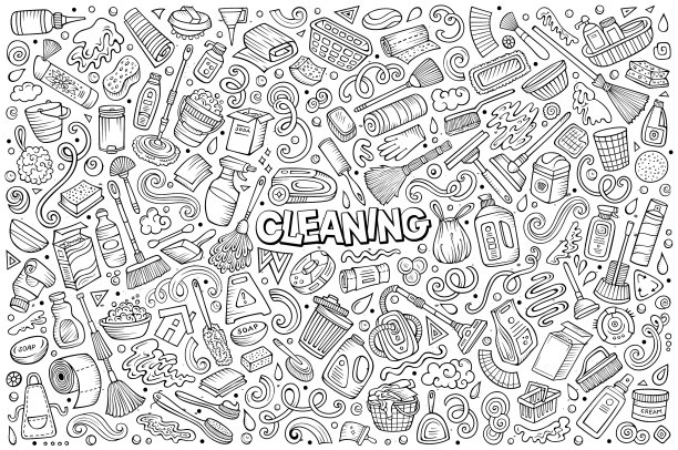 线条艺术涂鸦卡通套装清洁图片下载