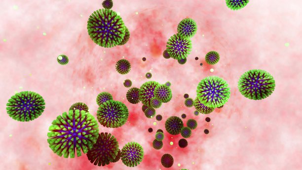 粘膜上绿色冠状病毒三维模型。4k循环平滑动画病毒漂浮在液体中。科学微生物学背景，病毒3d渲染。蓝绿色6图片下载