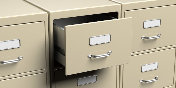 文件柜和打开的抽屉。办公室文件档案组织。三维演示图片下载