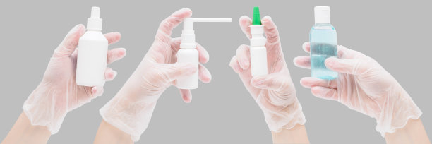 灰色背景上有许多手戴着橡胶手套的横幅。在许多不同的喷雾剂和防腐剂手中。预防流行病中病毒的手段。避免感染细菌图片下载