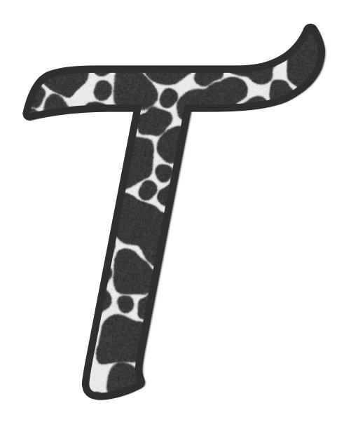 3D插图牛黑白打印字母T，动物皮毛装饰字符T，公牛或公牛图案孤立在白色背景有裁剪路径切出。设计字体野生动物safari概念。图片下载