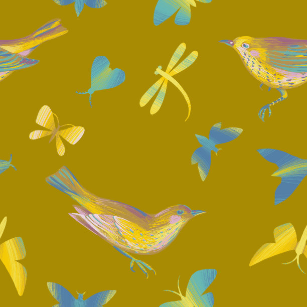 无缝模式与鸟类。铅笔绘图。素材图片