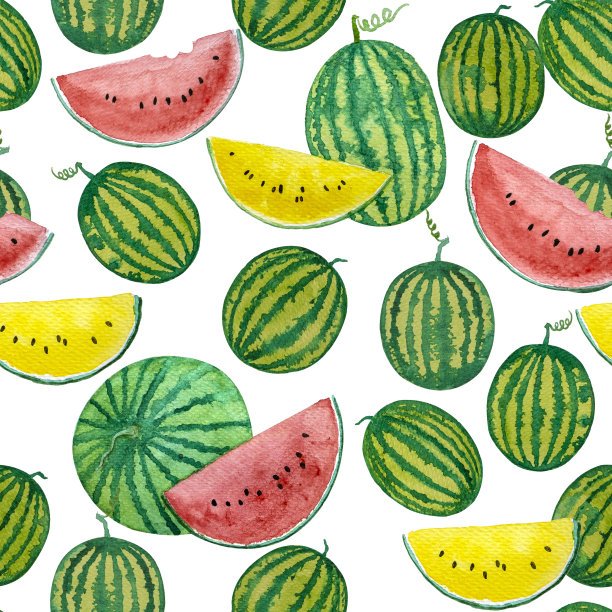 水彩手画黄色和红色西瓜水果插图，组成圆形的水果和切片孤立与剪切路径上的白色背景，织物织物印花无缝模式图片下载