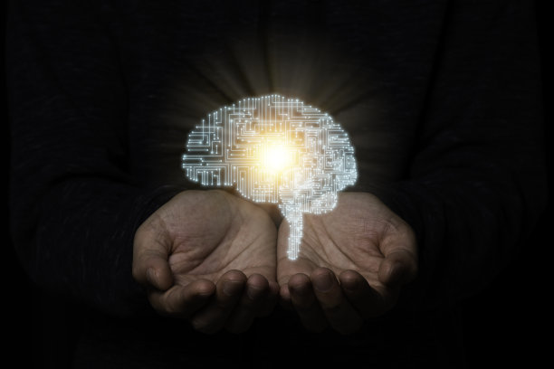 手握创意插画脑电路。它是人工智能和人工智能技术的概念。图片下载