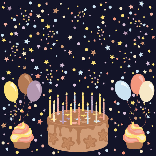 手淹没蛋糕。蜡烛,气球模式。生日派对装饰元素及明信片、横幅背景图片下载