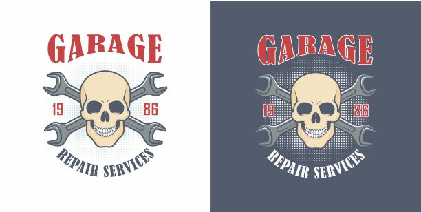 一套彩色插图骷髅机械，交叉扳手和文字上的彩色背景图片下载