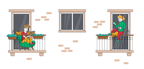 新冠肺炎大流行期间，女性角色坐在房子阳台上看有趣的书、喝咖啡。预防病毒的传播。线性向量插图图片下载