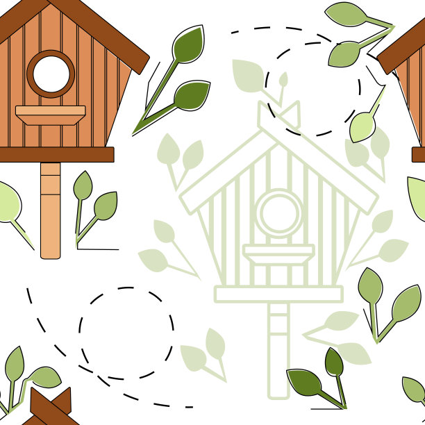 无缝嵌套盒在木杆木制鸟舍平面矢量插图在白色背景与绿叶图片下载