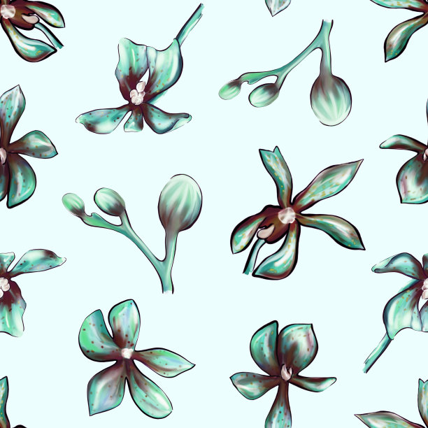 兰花在蓝色背景上的植物图案。美丽的兰花植物插图。设计纺织品，明信片，网页图片下载