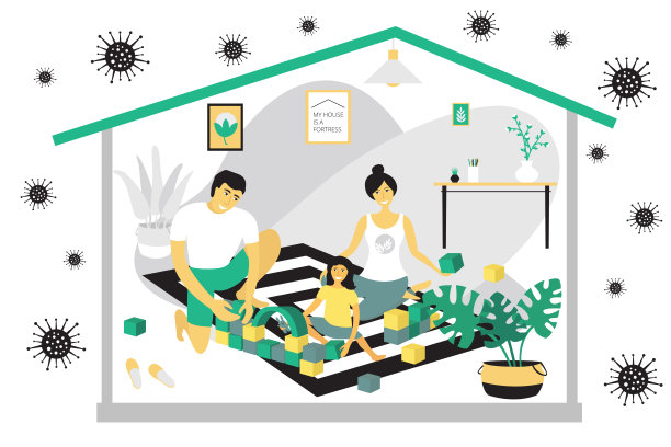 隔离检疫时期。快乐的家庭在家里玩方块游戏。爸爸和妈妈和女儿一起玩。现代平面设计理念，休闲在家。矢量插图孤立在白色背景。图片下载