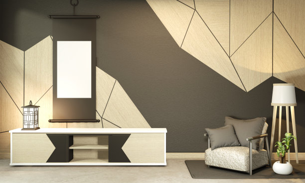 橱柜和低桌子的内部模拟中式房间的内部。三维渲染图片下载