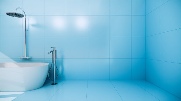 蓝色禅意设计浴室瓷砖墙壁和地板-日本风格。三维渲染图片下载