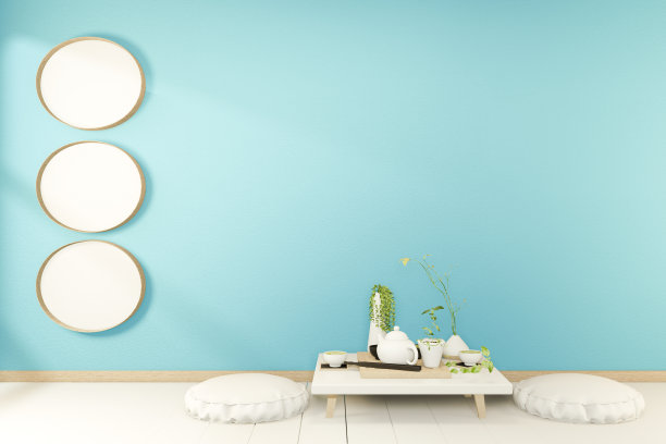 搁板墙在现代空房日本-热带风格，极简设计。三维渲染图片下载