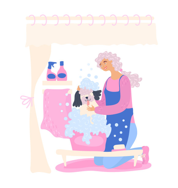 卡通年轻女子护理或清洁她的狗用洗发水在肥皂泡沫浴室，隔离上白色矢量，插图。图片下载