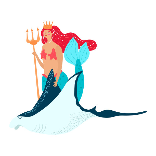 卡通幻想中的美人鱼女孩坐在海鳐和手持三叉戟在海洋孤立的白色矢量，插图。图片下载