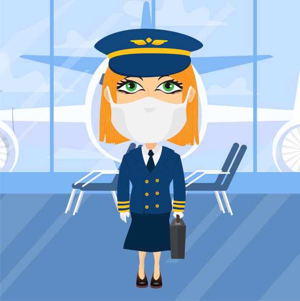 白种人金发女飞机飞行员与病毒面具和白手套在机场手提箱帽子蓝色西装飞行安全图片下载