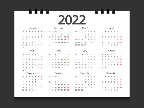 日历2022设计模板周星期一开始。图片下载