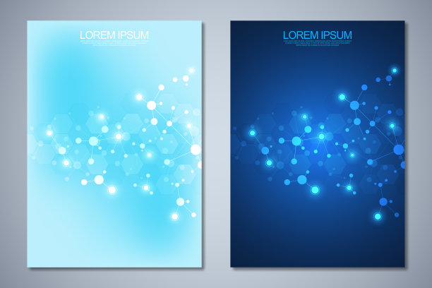 模板小册子或封面书，页面布局，传单设计与分子结构和DNA链的抽象背景。理念和理念的创新技术，医学研究，科学。图片下载
