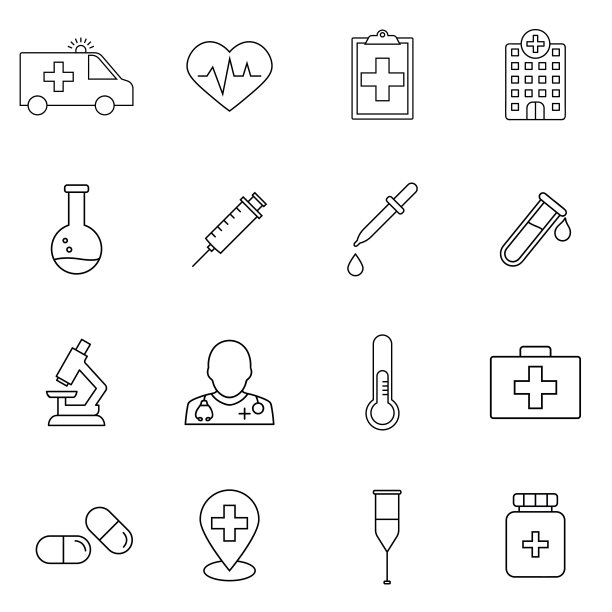 医药和医疗设备向量线性图标集。医药和健康大纲符号包。救护车图片下载