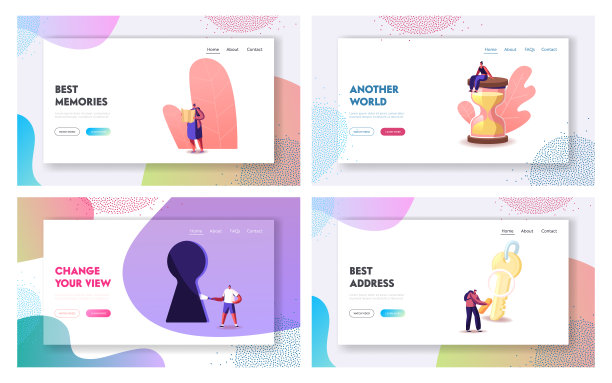 角色付费任务游戏解决谜在谜登陆页面模板集。朋友公司逃生室冒险，娱乐。有钥匙和沙漏的人。卡通矢量图图片下载