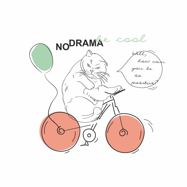 骑着自行车和气球的酷猫。一个严肃的潮人，他的题词是:“不要戏剧化。”很酷。你怎么能这么积极"时尚印花。矢量插图。图片下载