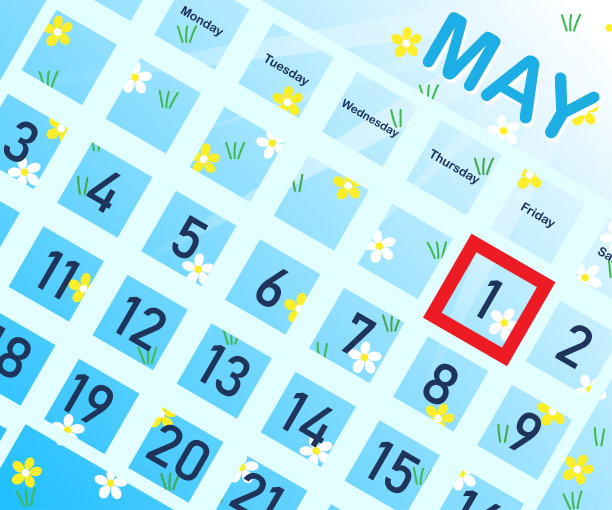 日历上以高亮的五一劳动节和春日为背景的甘菊花。所有元件都是绝缘和可更换的。图片下载