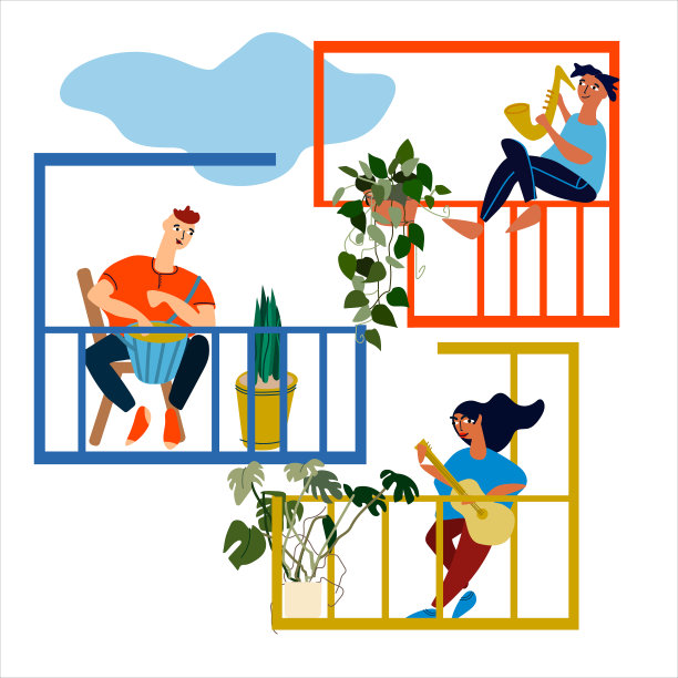 人们在阳台上进行音乐表演。2019冠状病毒病大流行期间的社交距离图片下载