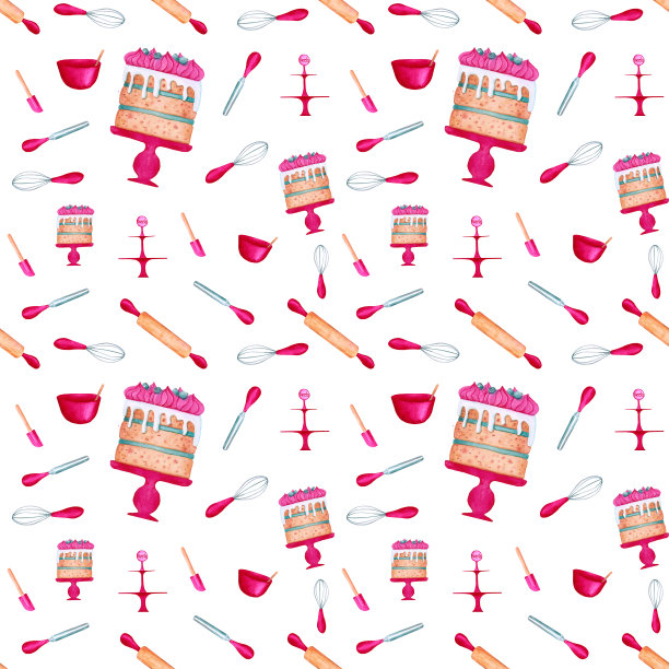 水彩蛋糕和糕点器皿无缝图案上的白色背景。手绘烘焙工具和可爱的蛋糕无尽的打印。擀面杖，硅胶刮刀，粉色碗，小刀，支架和搅拌器背景。图片下载