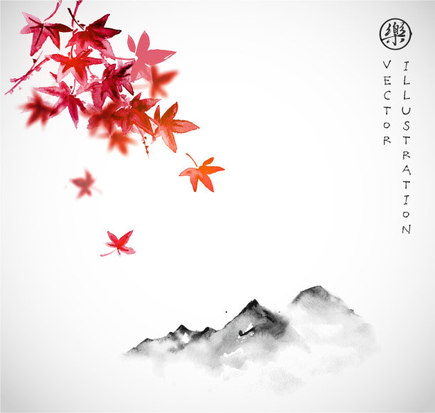 红色的日本枫叶和远处的山在雾中图片下载