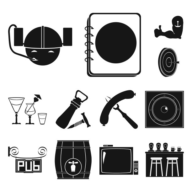酒吧内部和设备黑色图标设置图片下载