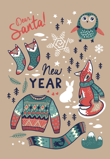 以卡通风格的可爱冬季元素设置图片下载