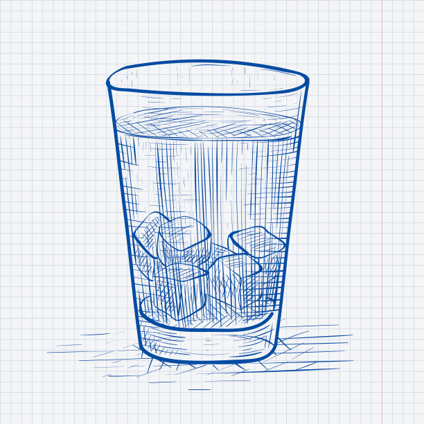 装有苏打水和冰块的杯子，蓝色手绘图片下载